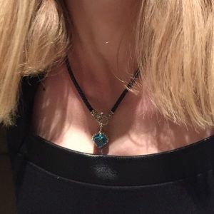 SOLD 💙Genuine Topaz, silver, gold, leather necklace